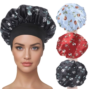 Bonnet de Sommeil en Satin Imprimé Rose pour Femmes Large Bande Élastique Soin des Cheveux Chapeau de Nuit Maison