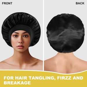 Front and back view of a black satin hair bonnet showing the elastic wide band design