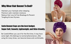 Detail view of burgundy and purple satin sleep bonnets with wide elastic hair protection bands