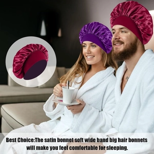 Detail showing high-capacity satin sleep cap with elastic wide band for hair protection