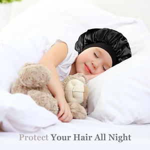 Kids black satin sleep cap with wide elastic band for hair protection and comfort