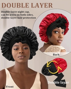 Double-layer satin sleep bonnet featuring a reversible design with long bow straps