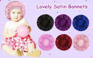 Selection of colorful soft satin bonnets for babies with elastic bands for hair protection