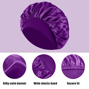 Detailed close-up of dark purple silk satin bonnet showing wide elastic band and fabric texture