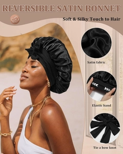 Detail of reversible double-layer black satin sleep bonnet with adjustable bow tie strap
