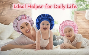 Family set of elastic wide-band satin bonnets for adults, kids and infants in various patterns