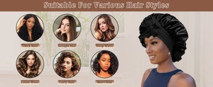 Detail of black satin bonnet showing its compatibility with various hair types and textures