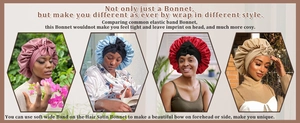 Detail view of satin sleep bonnets with wide ribbons in four elegant glossy colors