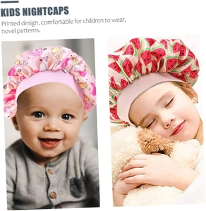 Detail of satin kids nightcaps with cute animal and watermelon prints and elastic bands