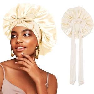 Champagne satin silk sleep bonnet with bow and long adjustable ribbons for hair care