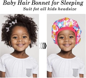 Close-up of baby satin bonnet with pink floral pattern and elastic band for hair care