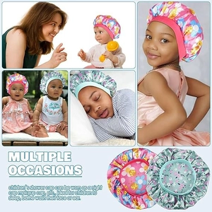 Detail of floral satin baby sleep caps showing multiple uses for bathing and sleeping