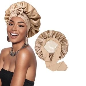Champagne silk satin sleep bonnet with wide long ties for curly hair care protection