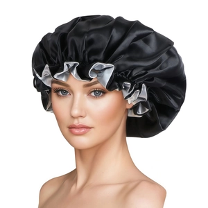 Adjustable double-layered satin silk sleep cap with ruffle trim in black and silver