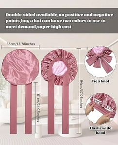Pink satin sleep cap with wide elastic band and adjustable long ribbons for hair care