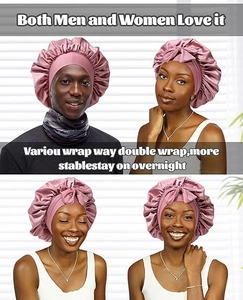 Pink double-layered satin bonnet for hair care showing multiple wearing styles for men and women