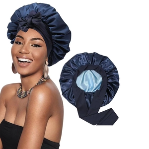 Navy blue double-layer satin sleep bonnet with light blue lining and front decorative bow