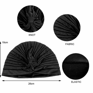 Bonnet turban plissé noir pour femme avec détail de nœud et tissu hautement élastique