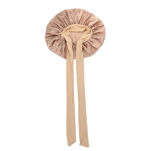 Champagne gold satin hair sleep bonnet with elastic long ribbons for hair protection