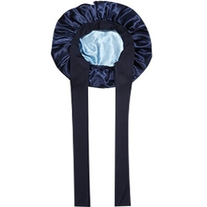 Navy blue double-layer satin bonnet with long ribbons and ruffled edges on white background