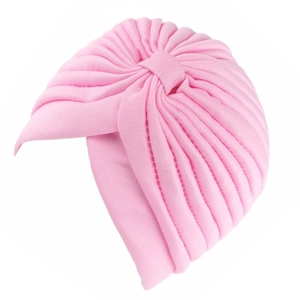 Turbant rose plissé pour bébé avec nœud décoratif en maille souple et élastique
