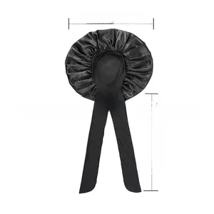 Detail of black satin bonnet showing crossover long straps and 42cm diameter size
