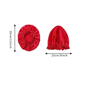 Red satin lace sleeping bonnet for hair care with elastic ruffle and size dimensions