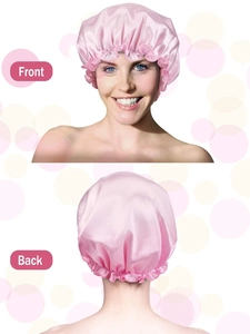 Front and back views of a pink satin sleep cap featuring comfortable elastic lace edges