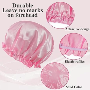 Pink satin sleep cap with elastic ruffles and solid color for comfortable hair care