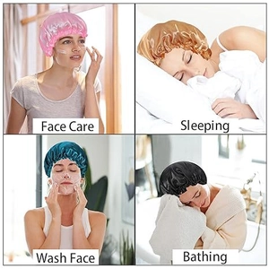 Silk satin sleep caps in four colors shown for face care, sleeping, washing, and bathing