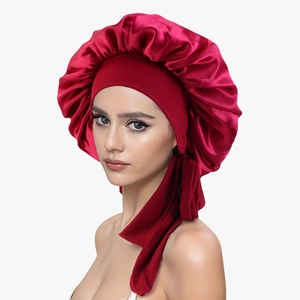 Deep red satin sleep bonnet with adjustable ribbon and elastic band for women hair care