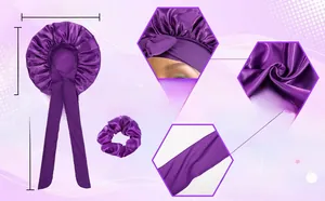 Detailed size specifications of large purple satin bonnet with long ties and scrunchie
