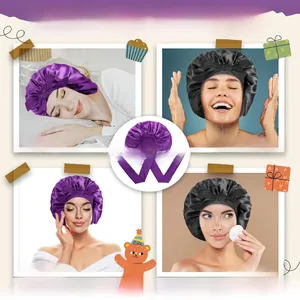 Satin sleeping cap for hair care used in bathing and cleaning scenes, purple and black