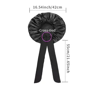 Oversized black satin hair bonnet with long crisscross ribbons and wide 42cm diameter