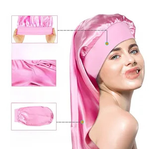 Détail du bonnet de nuit rose extra long en satin avec large bande élastique en coton pour cheveux