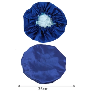Detail of 36cm blue satin bonnet with double-layer design and adjustable drawstring