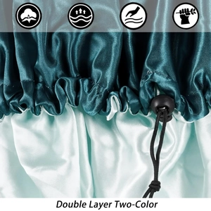 Close-up of double-layer satin sleep cap with adjustable toggle for hair protection