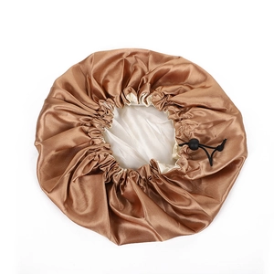 Detail view of double-layer satin hair bonnet with adjustable buckle for hair care