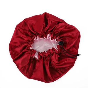 Double-layer satin sleep bonnet in wine red and pink with adjustable elastic buckle
