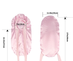 Detailed size chart of pink satin long hair bonnet with 68cm length measurements