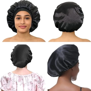 Black satin sleep bonnet with wide elastic band shown in multiple views for hair care