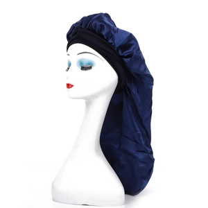 Long dark blue satin hair bonnet with black elastic headband for long curly hair