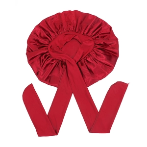 Oversized burgundy satin sleep bonnet with long adjustable straps for hair protection