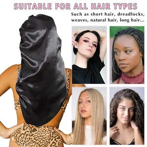 Detail of black satin long sleep bonnet showing suitability for all hair types and textures