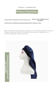 Detailed size specifications for wide-band dark blue satin sleep cap for hair care