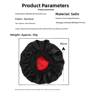Flache Ansicht der 36 cm Satin-Schlafhaube mit schwarzer Außenseite und rotem Futter