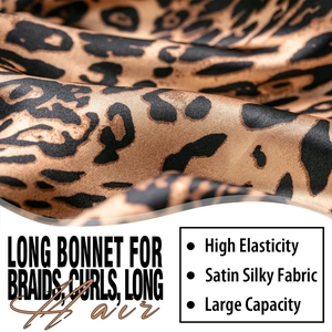 Detail of leopard print silky satin fabric texture for a long hair bonnet