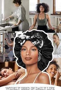 Floral bow satin bonnet shown in daily scenes like sleeping, yoga, and skincare