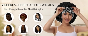 Detail view of a black satin sleep cap with floral bow for braids and curly hair