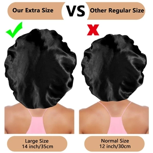Vergleich von großen 14 Zoll und normalen 12 Zoll schwarzen Satin-Schlafmützen für Haare